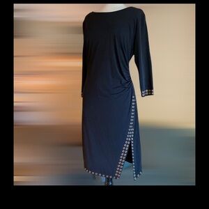 Carmen Marc Valvo LBD gold grommet detail XL Ruched side Neiman Marcus